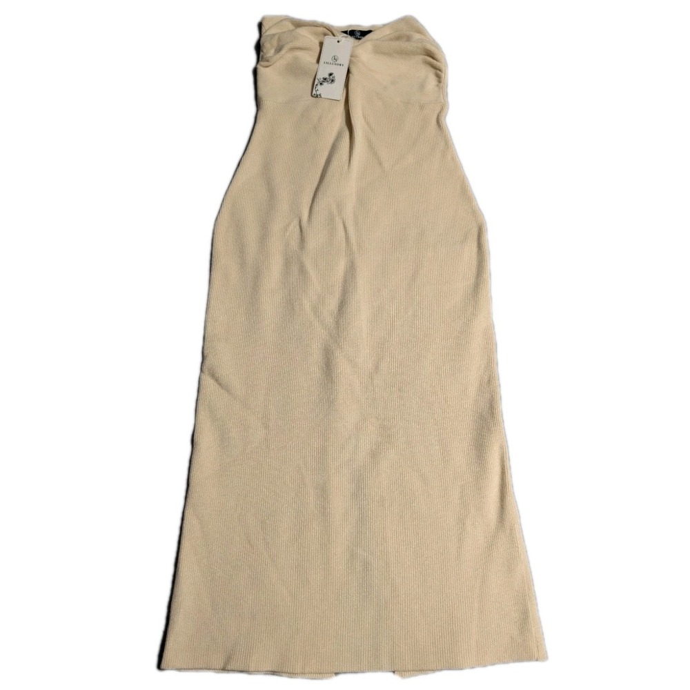 Lillusory Womens Strapless Ribbed Knit Midi Dress Cream Twist Front Slit Size S‎